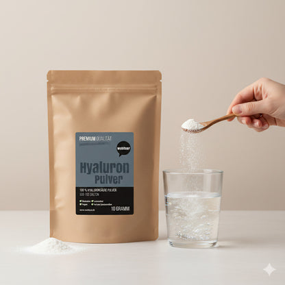 Beutel wohltuer Hyaluron Pulver neben einem Glas Wasser, in das mit einem Löffel Pulver eingerührt wird.