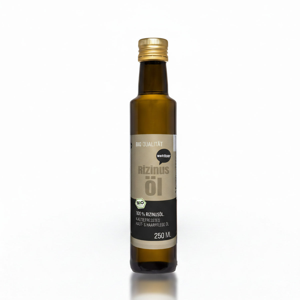 Wohltuer Rizinusöl 250ml kaltgepresst in brauner Glasflasche mit goldfarbenem Schraubverschluss, freigestellt auf weißem Hintergrund.