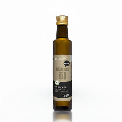 Wohltuer Rizinusöl 250ml kaltgepresst in brauner Glasflasche mit goldfarbenem Schraubverschluss, freigestellt auf weißem Hintergrund.