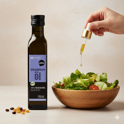 Wohltuer Traubenkernöl 250ml neben einer Holzschale mit Salat, eine Hand träufelt kaltgepresstes Öl mit einer Pipette über den Salat.