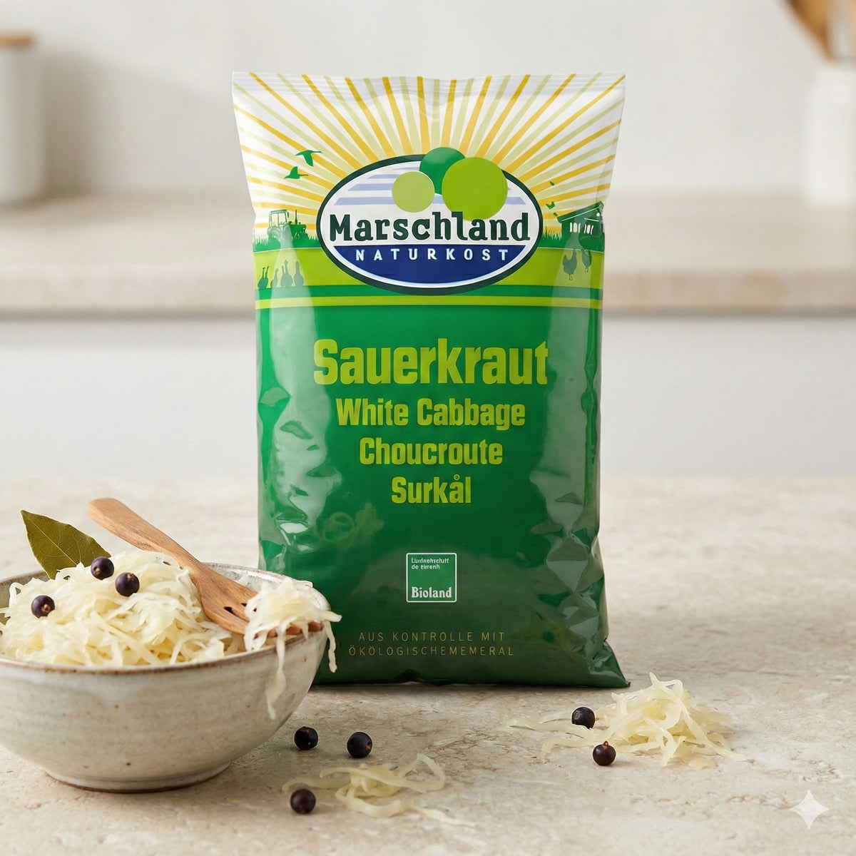 Marschland Bioland Sauerkraut in Folienbeutel, 520g, für Kochrezepte, naturbelassen und bio, sichtbar im Bild