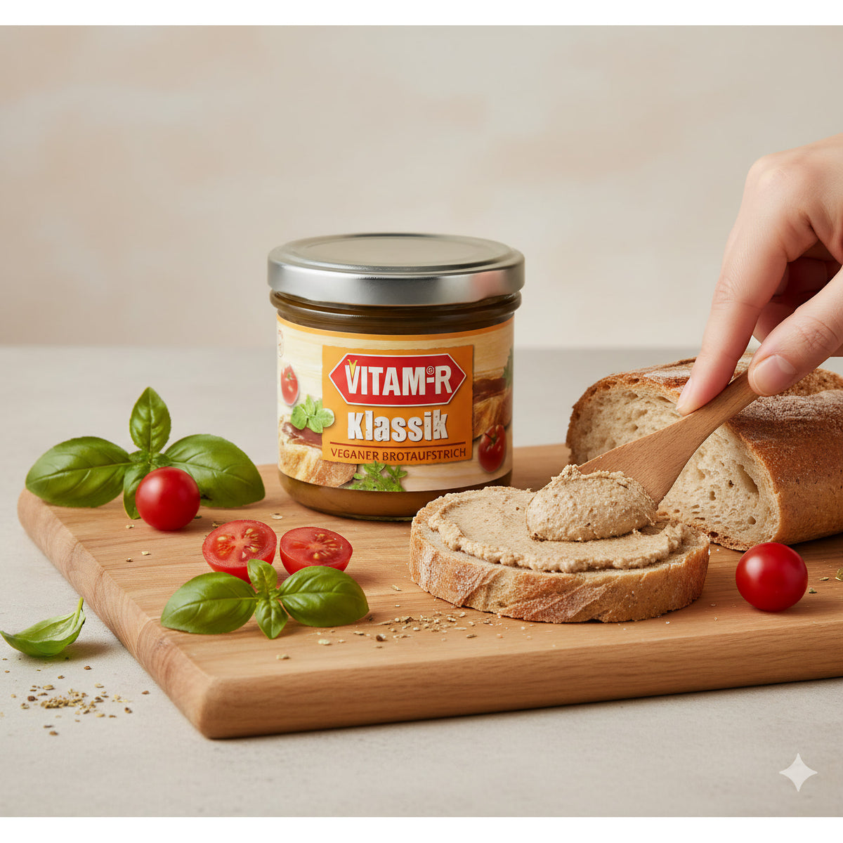 VITAM-R Brotaufstrich 125g auf einem Holzbrett mit Brot, Tomaten, Basilikum und einer Hand, die Aufstrich auf eine Brotscheibe streicht.