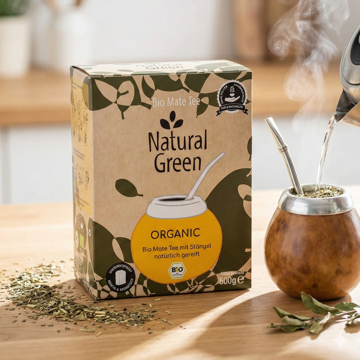 Bio Mate Tee von Natural Green, grüner Bio-Mate-Tee mit Stängeln, 3x 500g, Kräuter- und Tee-Produkt, natürliche und organische Qualität