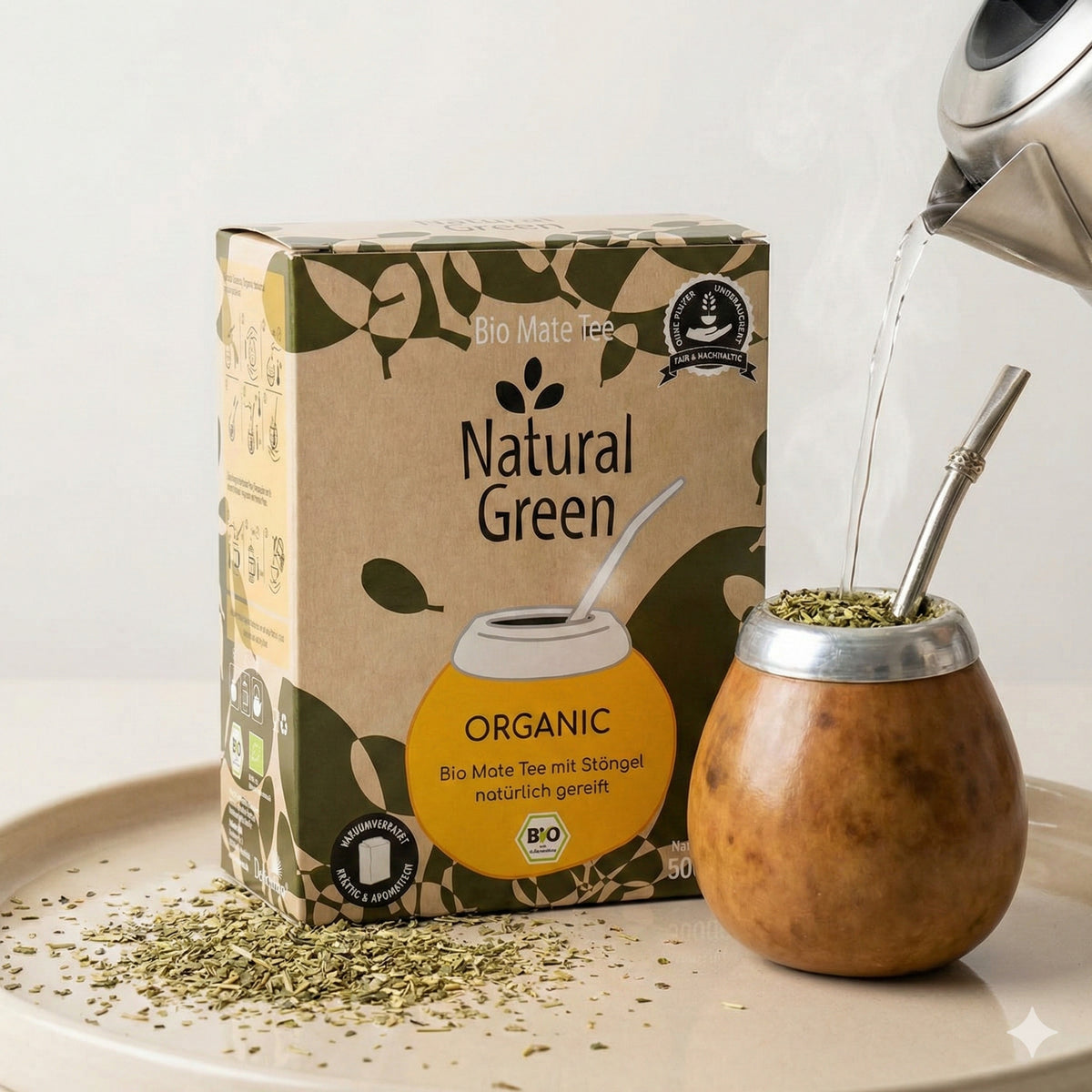 Bio Mate Tee von Natural Green, grüner Bio-Mate-Tee mit Stängeln, 3x 500g, Kräuter- und Tee-Produkt