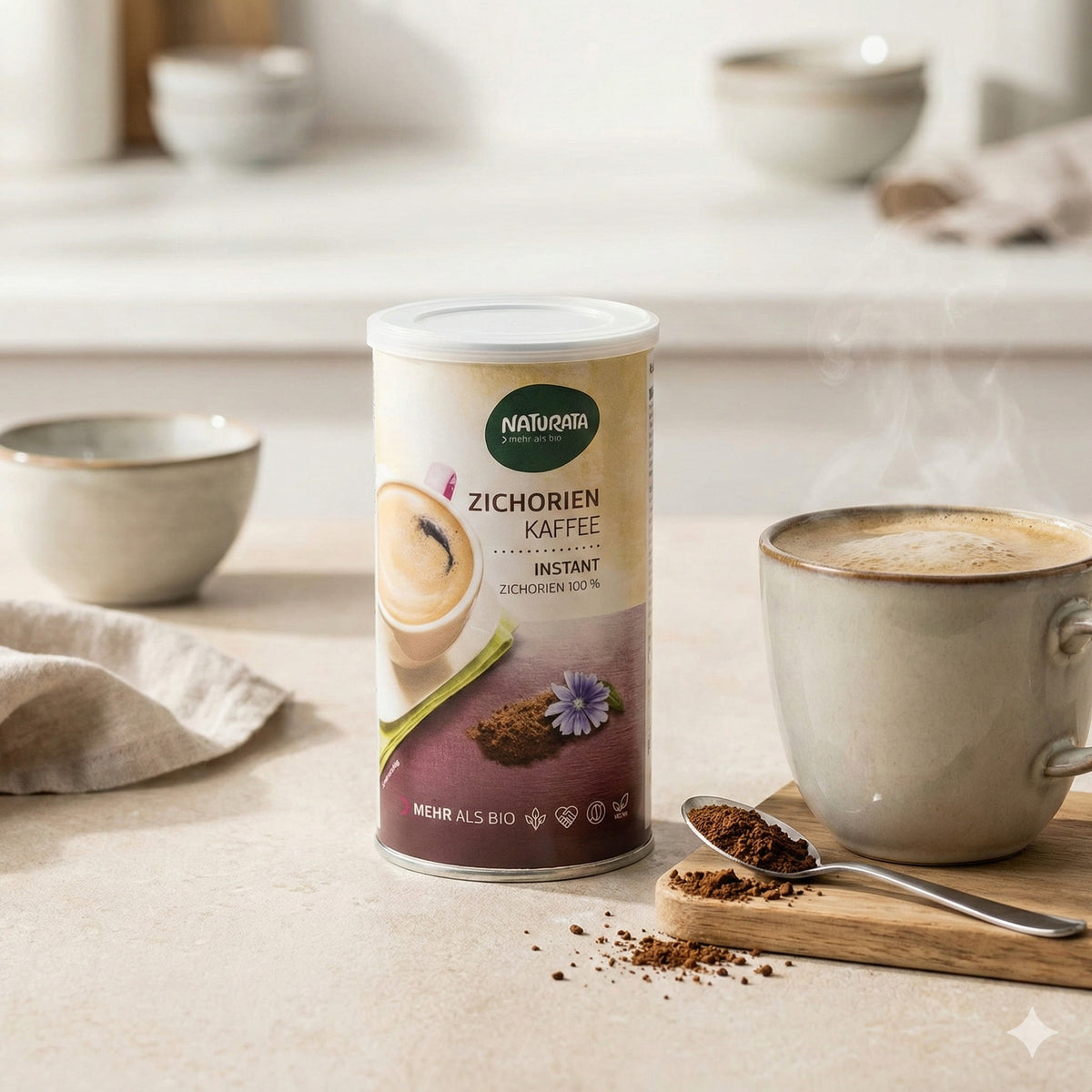 Naturata Zichorienkaffee Instant, 110g, Frühstücksgetränk, cremiger koffeinfreier Kaffeeersatz in Dose, naturbelassen