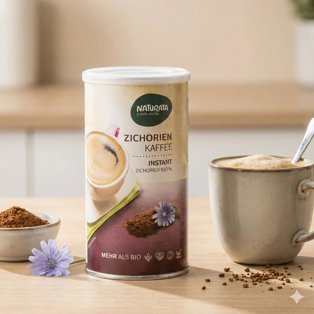 Naturata Zichorienkaffee Instant, 110g, Frühstücksgetränk in einer Packung mit Kaffeetasse und Zichorienwurzel, natürlich und aromatisch