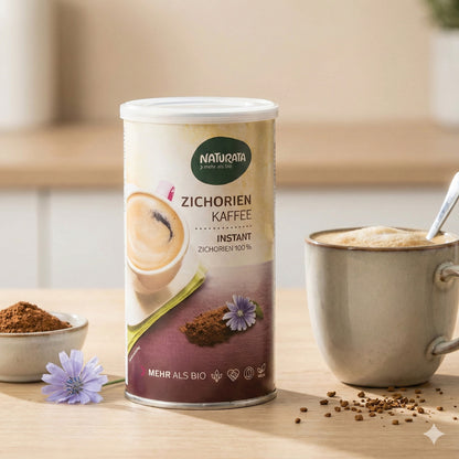 Naturata Zichorienkaffee Instant, 110g, Frühstücksgetränk in einer Packung mit Kaffeetasse und Zichorienwurzel, natürlich und aromatisch