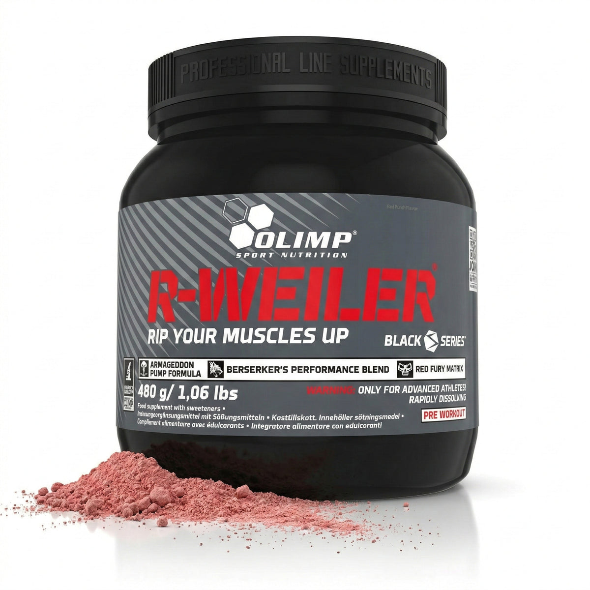 Olimp Redweiler Trainings-Booster und Energy-Pre-Workout in 480g Dose, enthalten Pulver mit roten Früchten und Sport-Design.