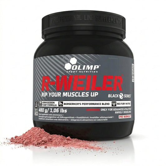 Olimp Redweiler Trainings-Booster und Energy-Pre-Workout in 480g Dose, enthalten Pulver mit roten Früchten und Sport-Design.