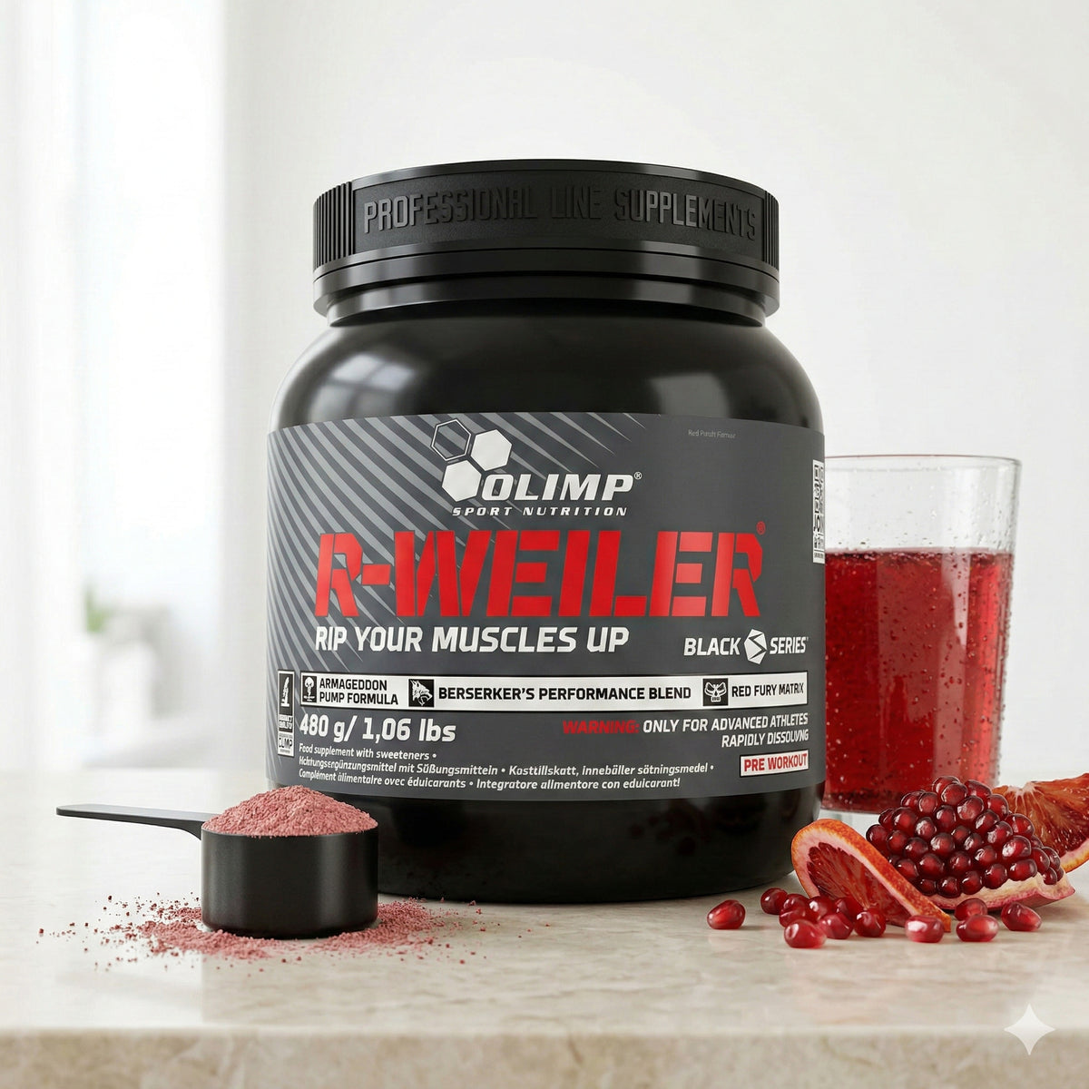 Olimp Redweiler Pre-Workout Booster in 480g, energiereiches Trainings- und Performance-Produkt, grüne Verpackung mit Olimp-Logo