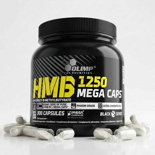 Olimp HMB Mega Caps Mineralien, 300 Kapseln, zeigt die Dose mit weißen Kapseln und grüner Verpackung.