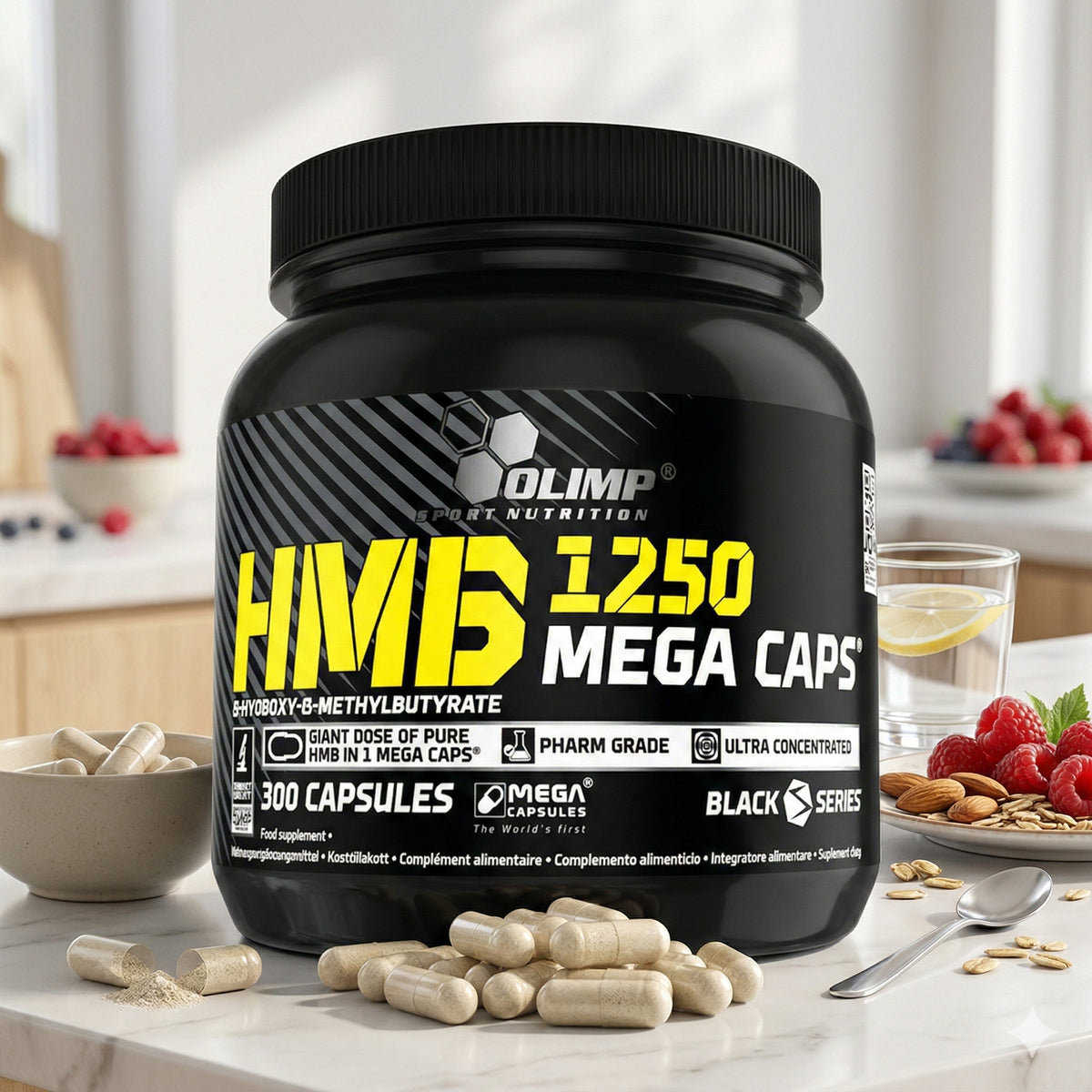 Olimp HMB Mega Caps Mineralien, 300 Kapseln, nahtlose Nahaufnahme der schwarzen Kapseln in einer weißen Verpackung