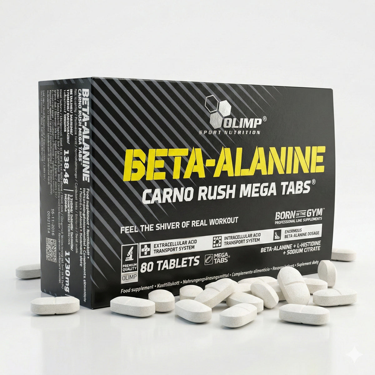 Olimp Beta-Alanin Carno Rush Tabletten, Amino-Kapseln zur Steigerung der Leistungsfähigkeit, in einer offenen Packung.