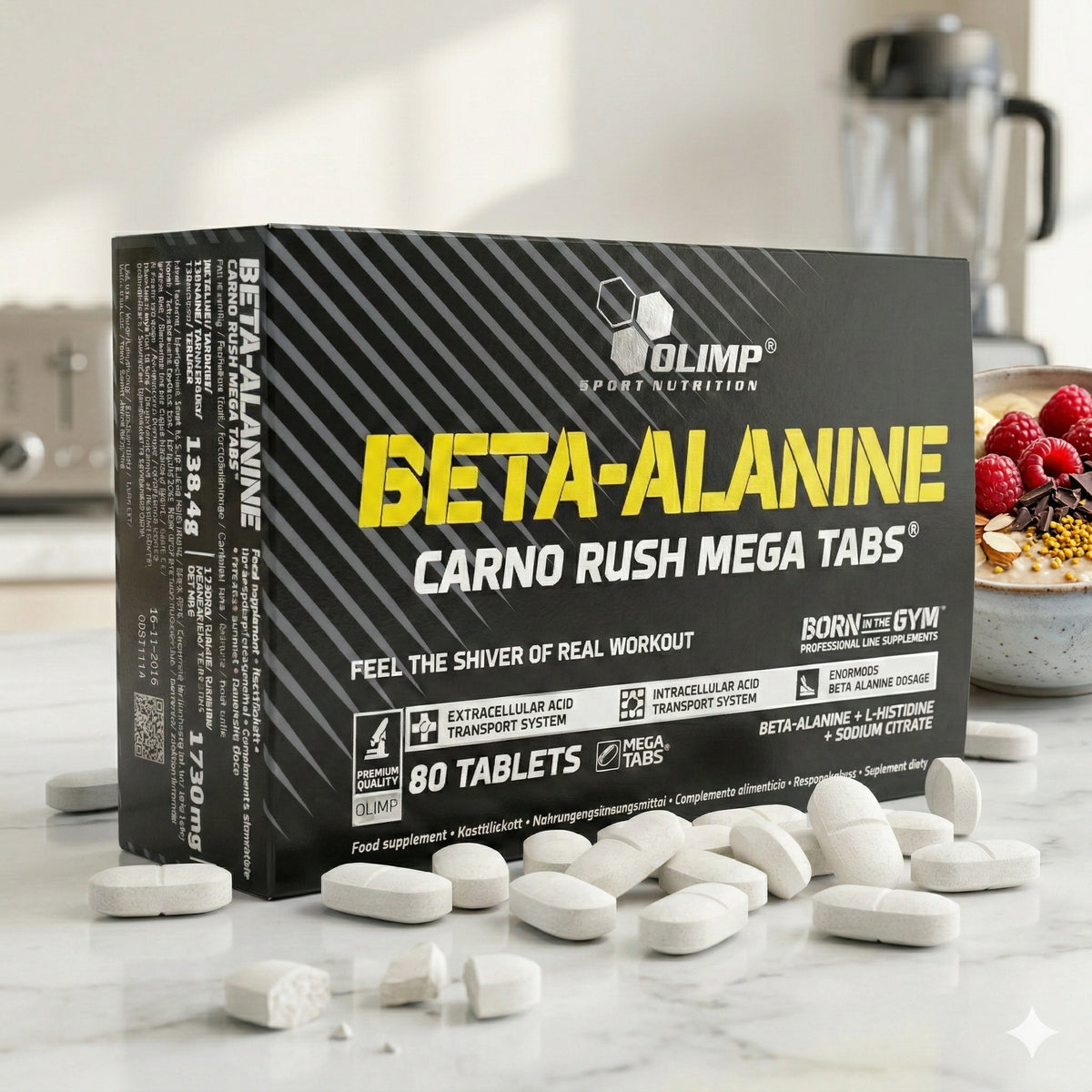 Olimp Beta-Alanin Carno Rush Tabletten in einer Dose, sportliche Verpackung, für Muskelkraft und Ausdauer, Amino-Kapseln.
