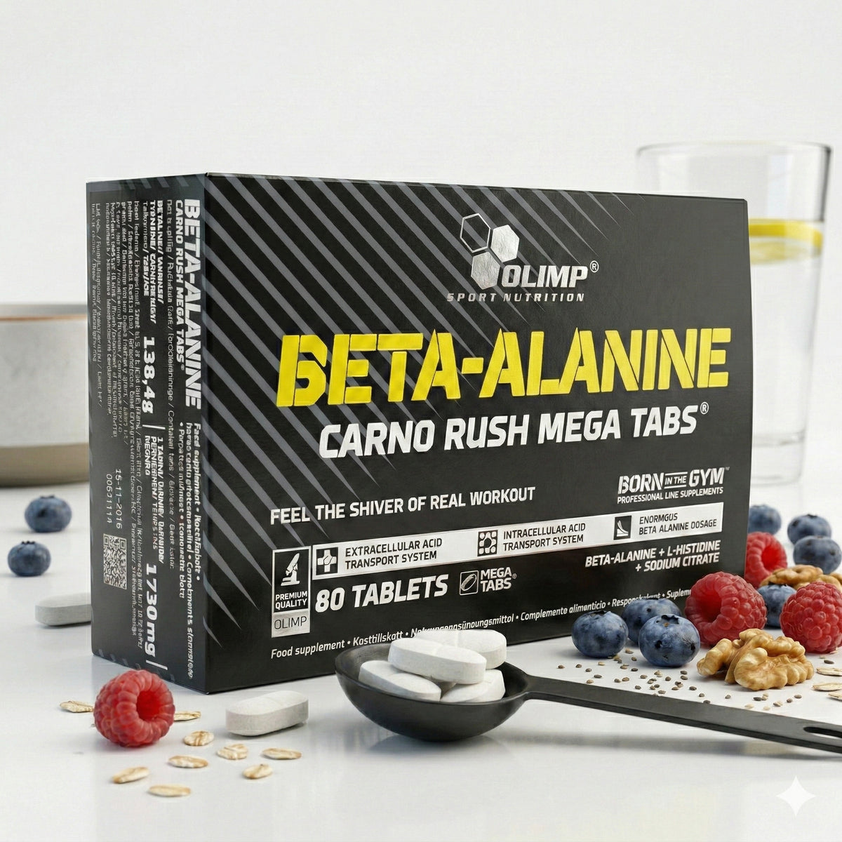 Olimp Beta-Alanin Carno Rush Amino-Kapseln in Tablettenform, zeigt die Packung mit 80 Tabletten, für sportliche Leistung und Ausdauer