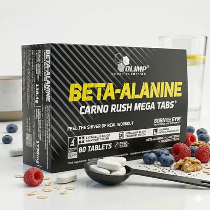 Olimp Beta-Alanin Carno Rush Amino-Kapseln in Tablettenform, zeigt die Packung mit 80 Tabletten, für sportliche Leistung und Ausdauer