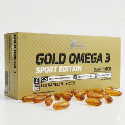 Omega 3 & CLA Kapseln von Olimp Gold Omega 3 Sport Edition, 120 Stück, Nahaufnahme der Verpackung