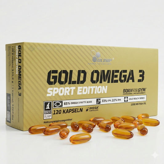 Omega 3 & CLA Kapseln von Olimp Gold Omega 3 Sport Edition, 120 Stück, Nahaufnahme der Verpackung