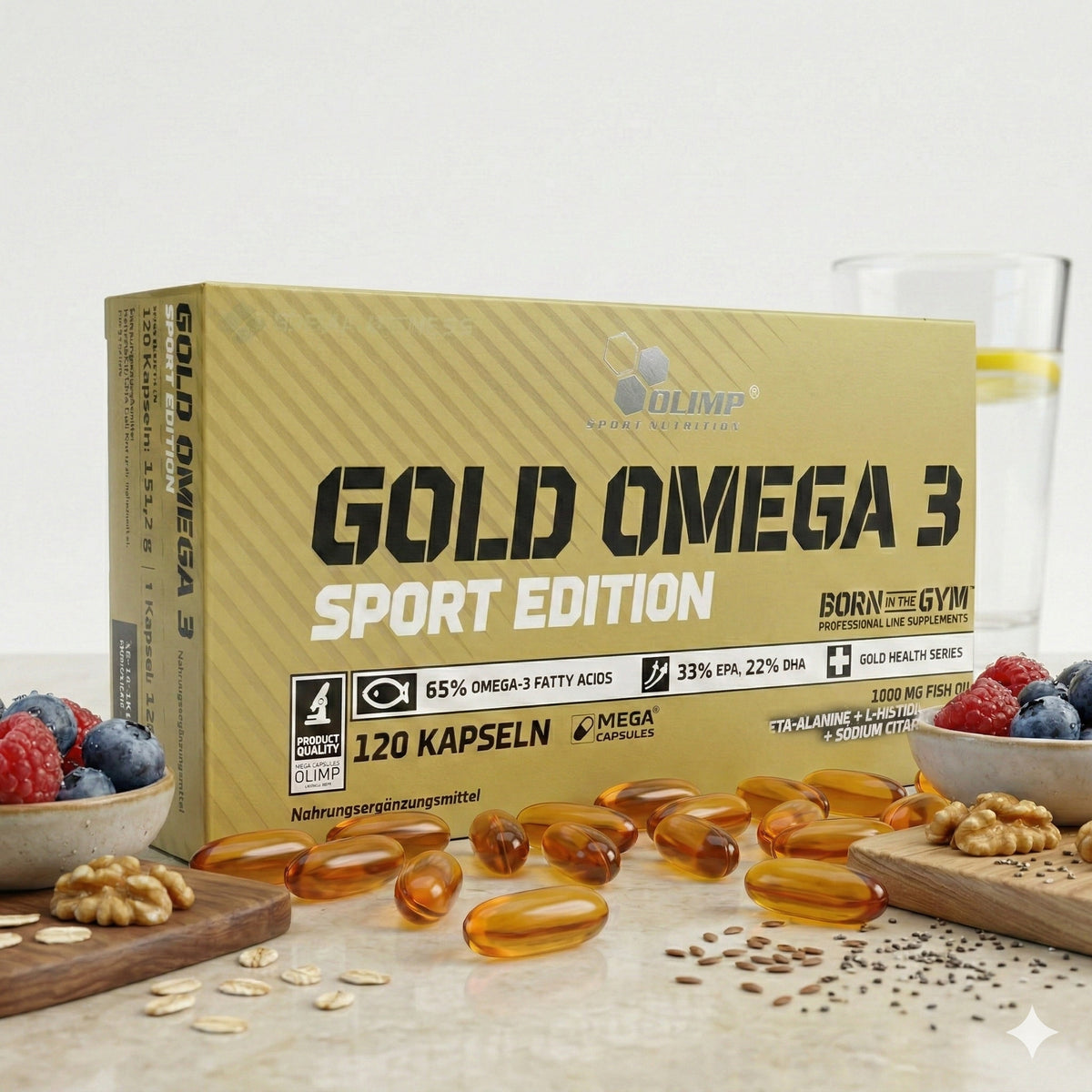 Omega 3 und CLA Kapseln von Olimp Gold Omega 3 Sport Edition, 120 Stück, Nahaufnahme der Verpackung