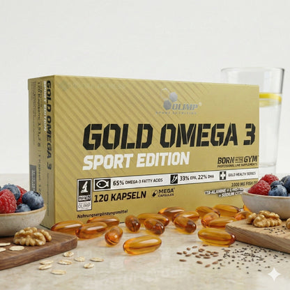 Omega 3 und CLA Kapseln von Olimp Gold Omega 3 Sport Edition, 120 Stück, Nahaufnahme der Verpackung