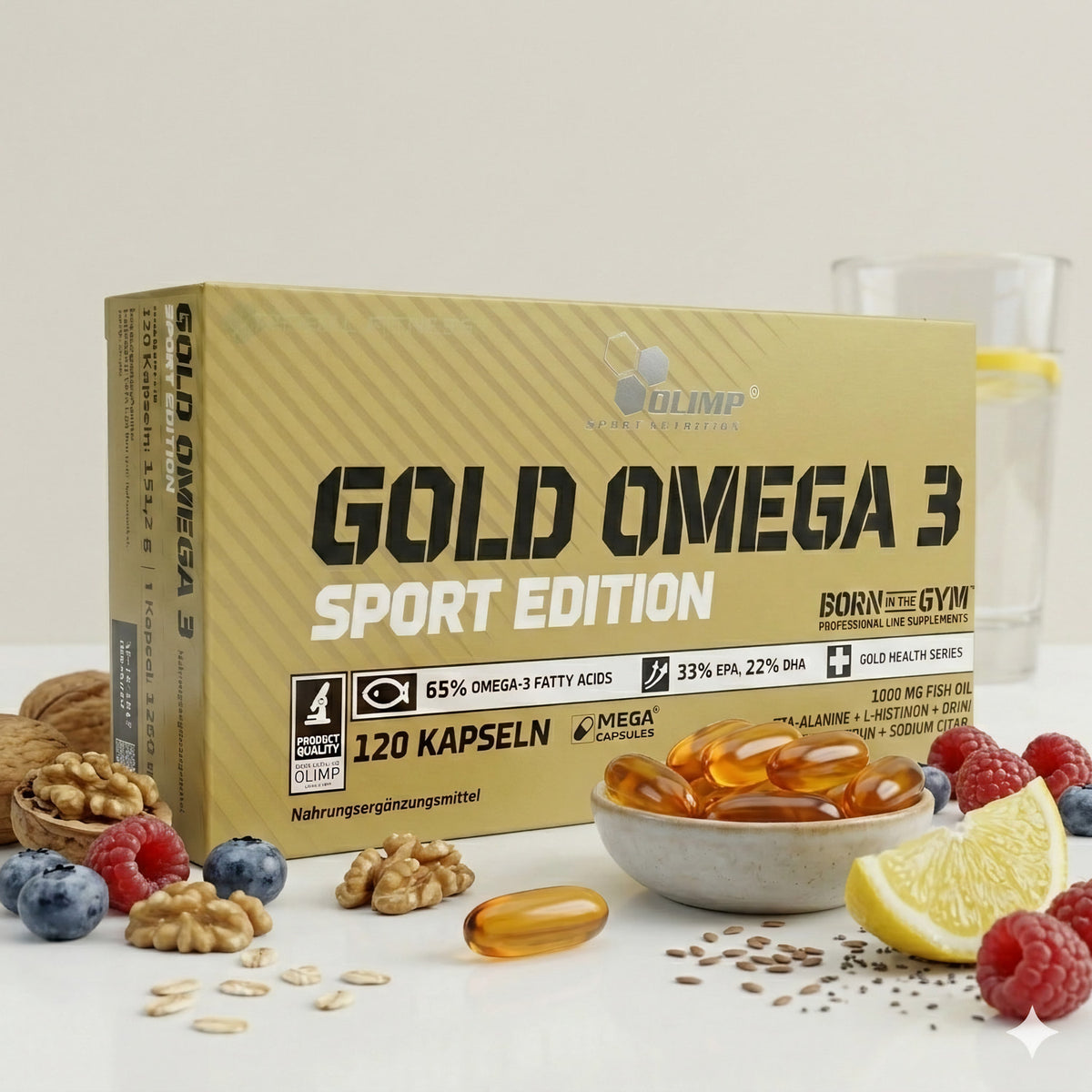 Olimp Gold Omega 3 Sport Edition Kapseln, Omega 3 und CLA, in einer offenen Packung mit Kapseln sichtbar