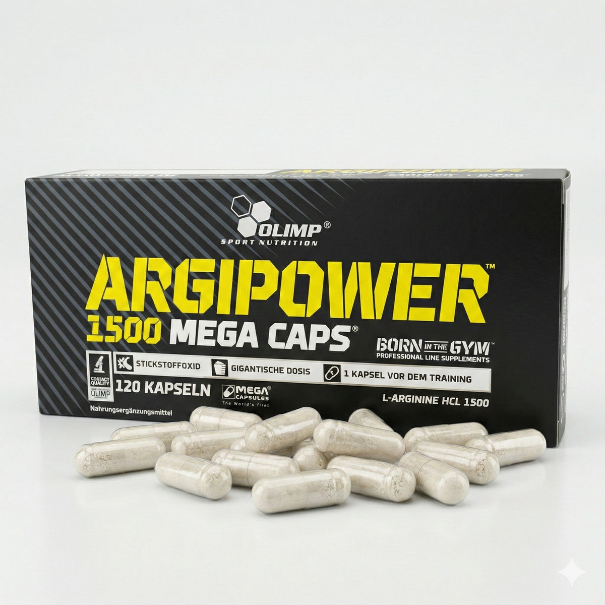 Olimp ARGIPOWER™ 1500 MEGA CAPS® Amino Kapseln und Tabletten, Nahaufnahme der Verpackung und Kapseln in einer Schale