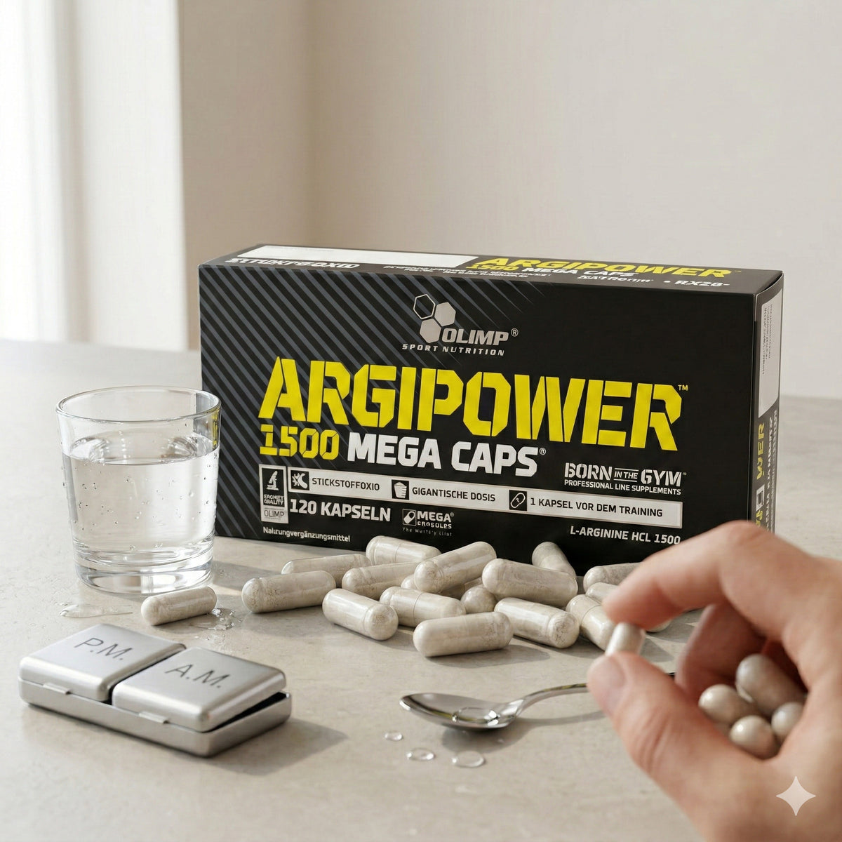 Olimp ARGIPOWER™ 1500 MEGA KAPS® Amino-Kapseln in einer offenen Packung mit Kapseln auf weißem Hintergrund