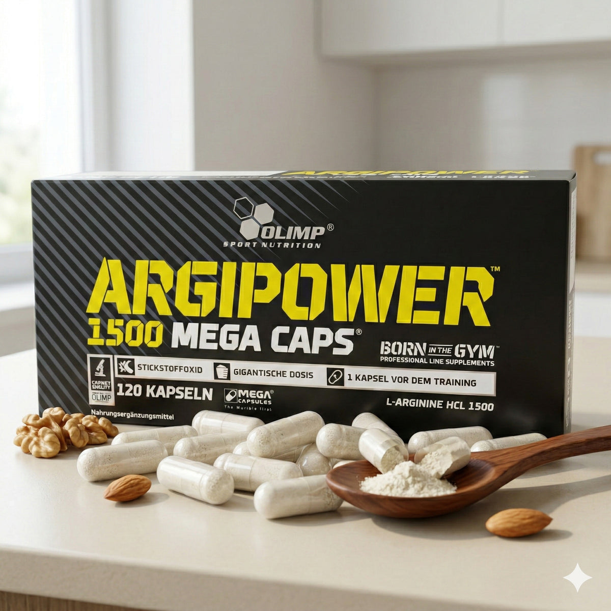 Olimp ARGIPOWER™ 1500 MEGA CAPS Aminosäurekapseln in einer blauen Verpackung, geeignet für Muskelaufbau und Regeneration