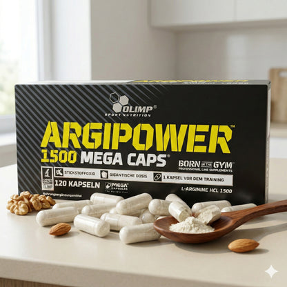 Olimp ARGIPOWER™ 1500 MEGA CAPS Aminosäurekapseln in einer blauen Verpackung, geeignet für Muskelaufbau und Regeneration