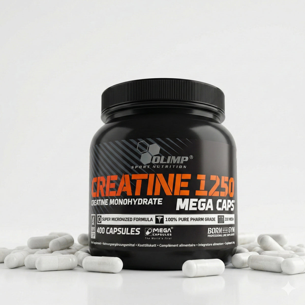 Olimp Creatine Mega Caps, 400 Kapseln, weiße Kapseln in einer offenen Packung, sportliche Ernährung, Nahrungsergänzung