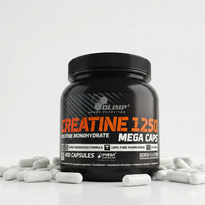 Olimp Creatine Mega Caps, 400 Kapseln, weiße Kapseln in einer offenen Packung, sportliche Ernährung, Nahrungsergänzung
