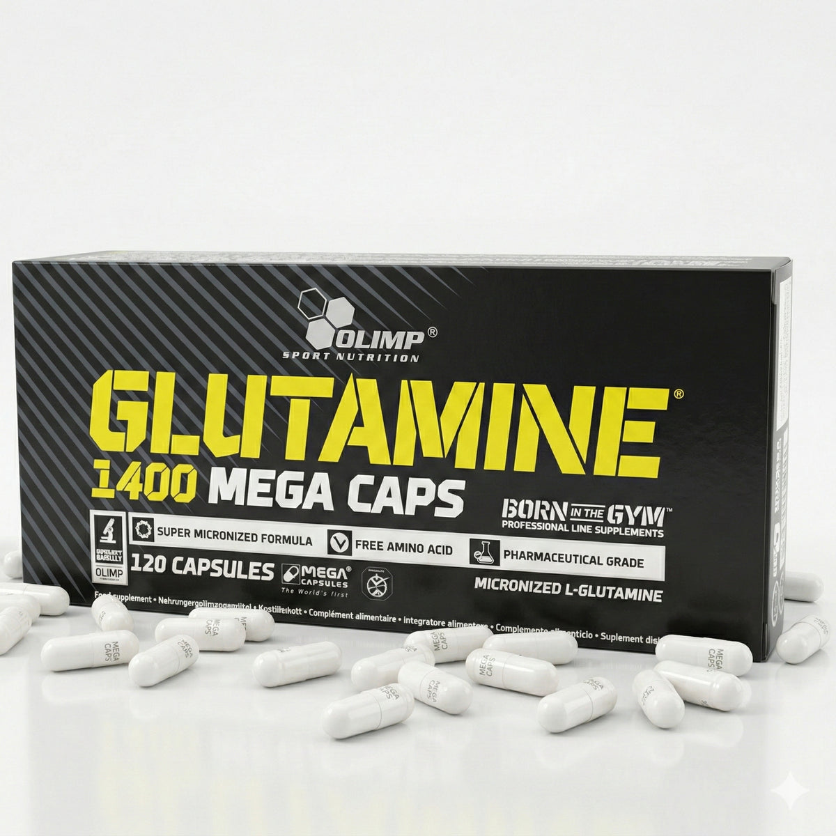 Olimp Glutamine Mega Caps, 120 Kapseln, mit BCAA und L-Glutamin, für Muskelregeneration und Fitness.