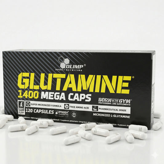 Olimp Glutamine Mega Caps, 120 Kapseln, mit BCAA und L-Glutamin, für Muskelregeneration und Fitness.