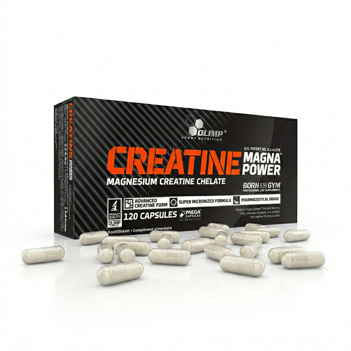 Olimp Creatine Mega Caps, 120 Kapseln, weiße Kapseln in einer Blisterverpackung, für Muskelaufbau und Leistung.