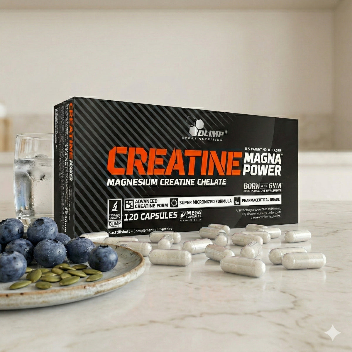 Olimp Creatine Mega Caps, 120 Kapseln, zeigt die weißen Kapseln in einer Packung auf einem weißen Hintergrund.