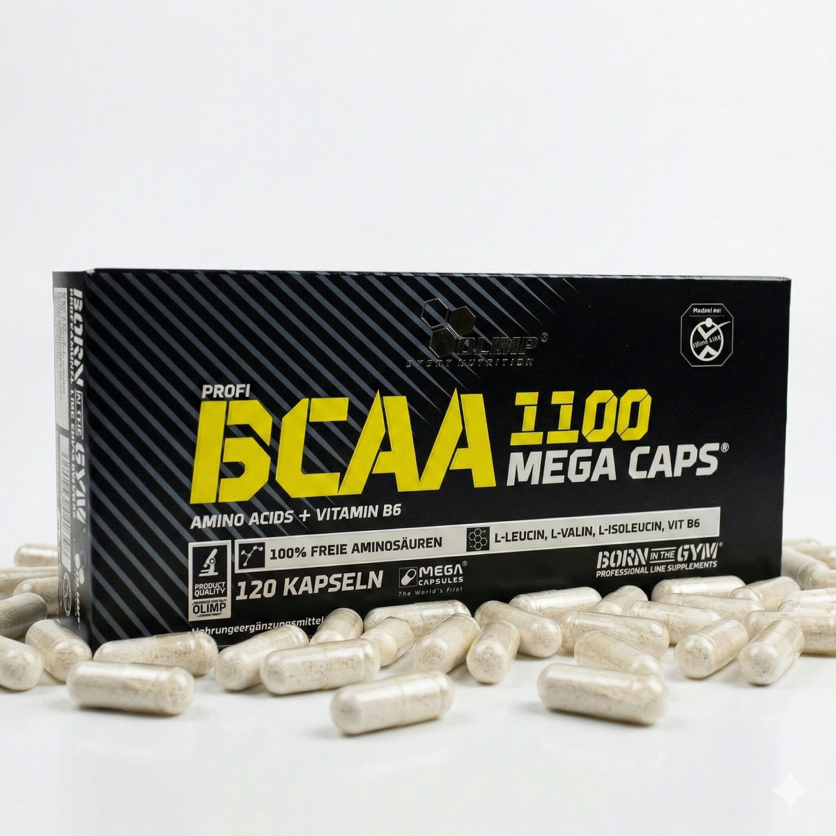 Olimp BCAA Mega Caps, 120 Kapseln: Nahaufnahme der gelben BCAA-Kapseln in einer Dose, für Muskelaufbau und Regeneration.