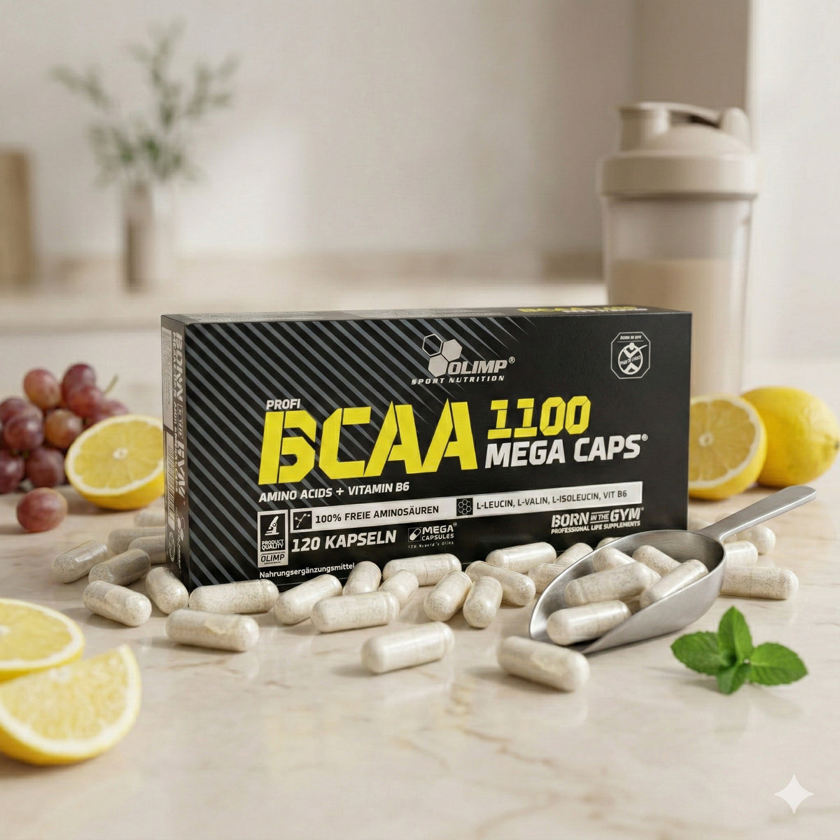 Olimp BCAA Mega Caps, 120 Kapseln, proteinreiche Aminosäurekapseln für Muskelaufbau und Regeneration.