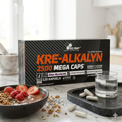 Olimp Kre-Alkalyn® 2500 Mega Caps, alkalisches Creatin in 120 Kapseln, für Muskelaufbau und Energie, natürliche Darstellungen.