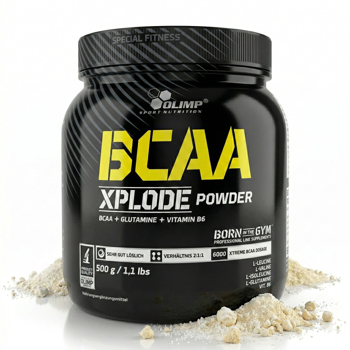 Olimp BCAA Xplode Pulver in 500g Dose, mit verschiedenen Geschmacksrichtungen, zeigt das Produkt in einer Dose vor bunter Verpackung