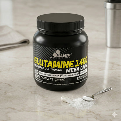 Olimp Glutamine Mega Caps BCAA und L-Glutamin, 300 Kapseln, in einer offenen Dose mit Kapseln sichtbar