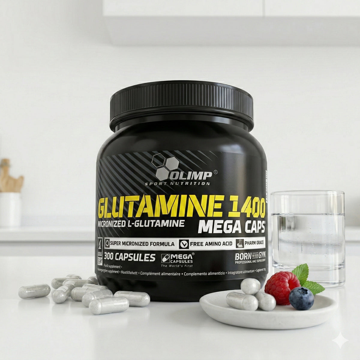 Olimp Glutamine Mega Caps BCAA und L-Glutamin Kapseln für Muskelregeneration, große Packung, kreative Darstellung