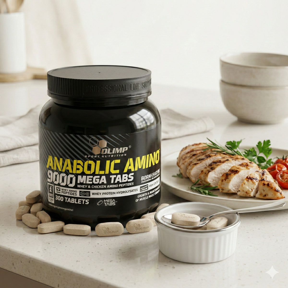 Olimp Amino 9000 Mega Kapseln mit 300 Tabletten, Nahrungsergänzung für Muskelaufbau und Regeneration, Nahaufnahme der Verpackung