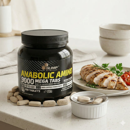Olimp Amino 9000 Mega Kapseln mit 300 Tabletten, Nahrungsergänzung für Muskelaufbau und Regeneration, Nahaufnahme der Verpackung