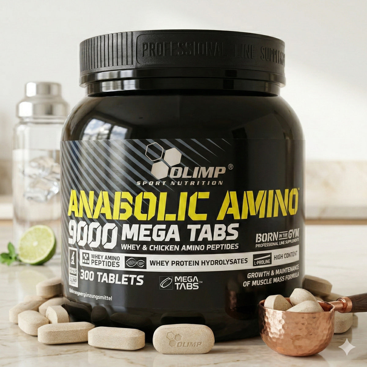 Olimp Amino 9000 Mega Kapseln und Tabletten, 300 Stück, Nahaufnahme der Verpackung mit Kapseln und Tabletten