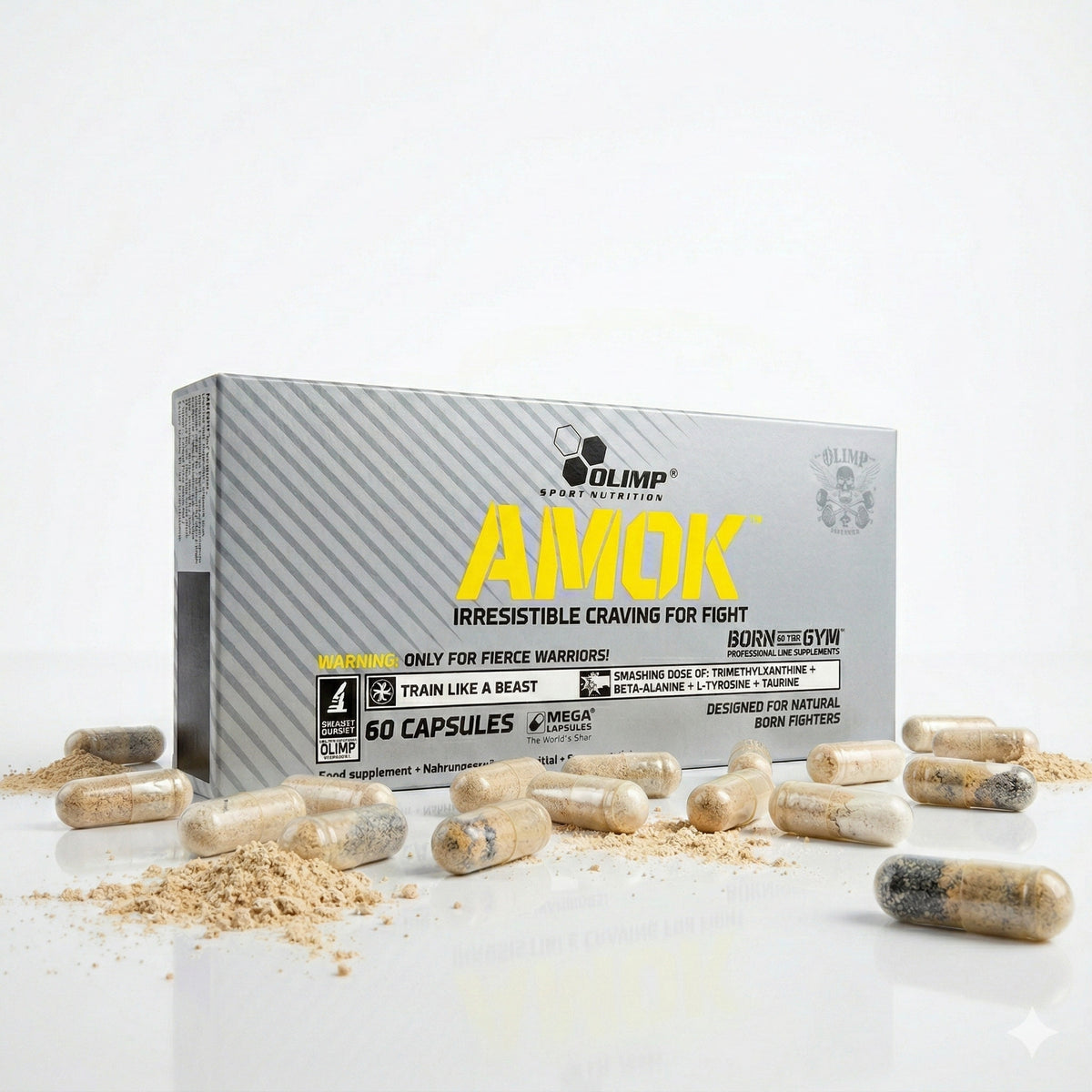 Olimp Amok Trainings-Booster und Energy in 60 Kapseln, zeigt die Verpackung mit grünen und schwarzen Design.