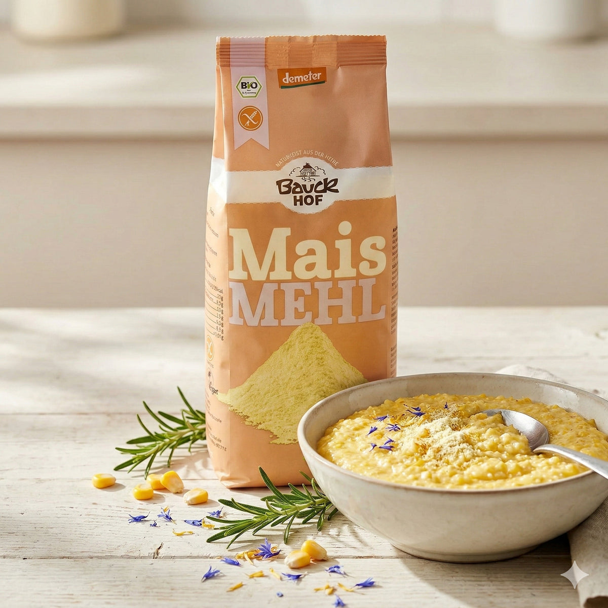 Bauckhof Maismehl neben einer Schale Polenta, garniert mit Kräutern und Blüten, auf hellem Holztisch mit Maiskörnern.