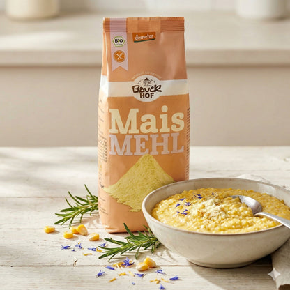 Bauckhof Maismehl neben einer Schale Polenta, garniert mit Kräutern und Blüten, auf hellem Holztisch mit Maiskörnern.
