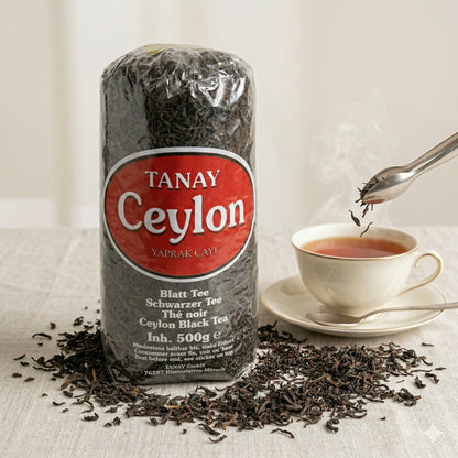 Schwarzer Tee Tanay Ceylon in 500g-Packung, aromatischer Tee mit dunklen Blättern, für Tee-Liebhaber.