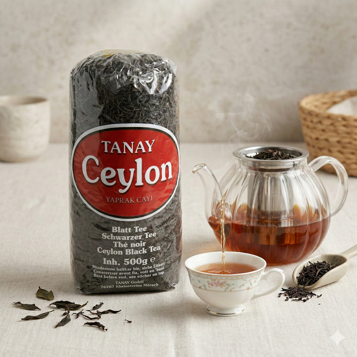 Schwarzer Tee Tanay Ceylon in Großpackung, 10x 500g, mit Teeblättern und goldener Verpackung, für Tee-Liebhaber