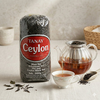 Schwarzer Tee Tanay Ceylon in Großpackung, 10x 500g, mit Teeblättern und goldener Verpackung, für Tee-Liebhaber